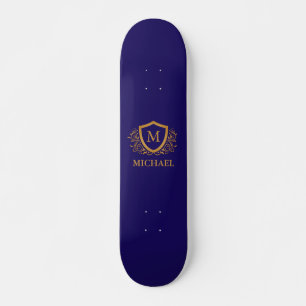 Navy Blue and Gold Personalized Monogram Name Skateboard