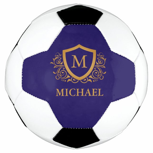 Navy Blue and Gold Personalized Monogram Name Soccer Ball (Front)
