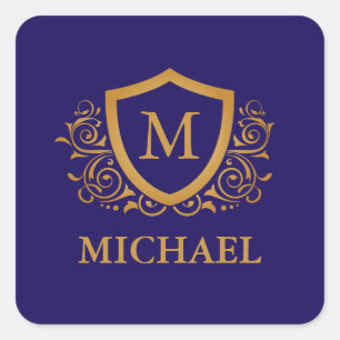 Navy Blue and Gold Personalized Monogram Name Square Sticker