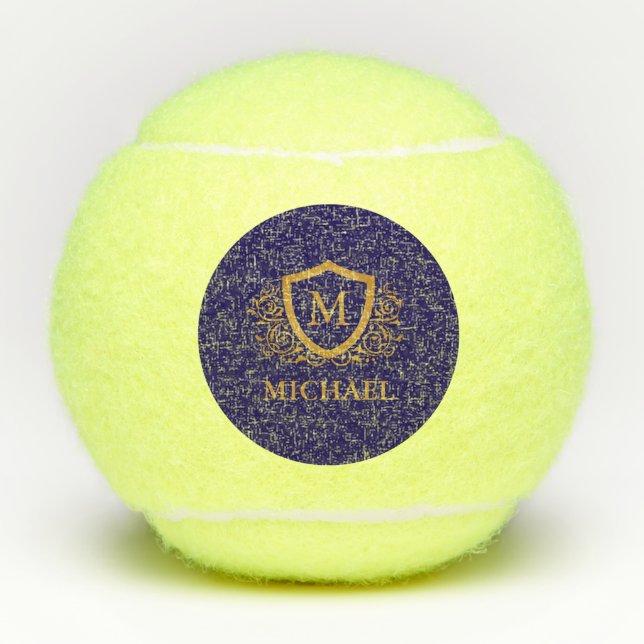 Navy Blue and Gold Personalized Monogram Name Tennis Balls (Front)