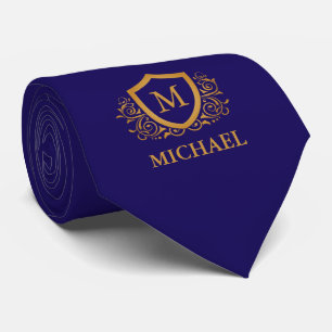 Navy Blue and Gold Personalized Monogram Name Tie
