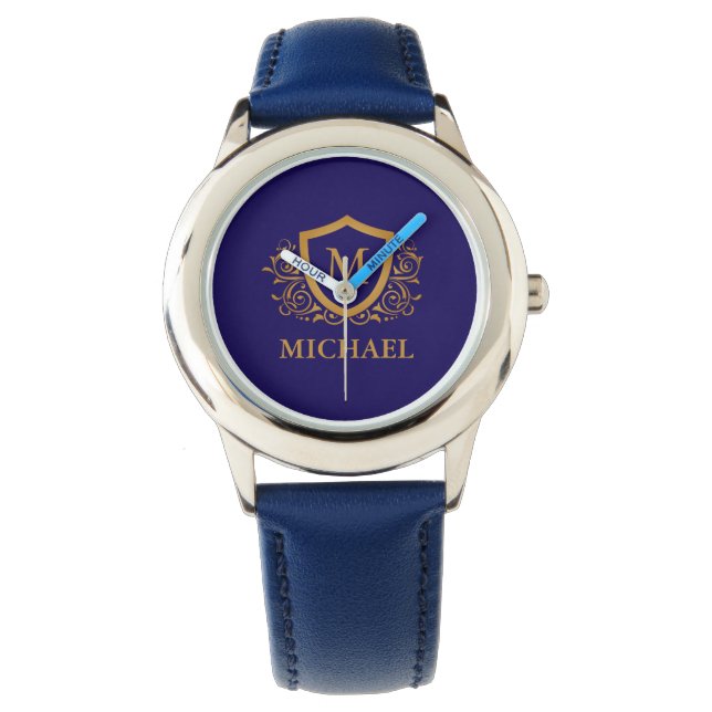 Navy Blue and Gold Personalized Monogram Name Watch (Front)