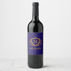 Navy Blue and Gold Personalized Monogram Name Wine Label