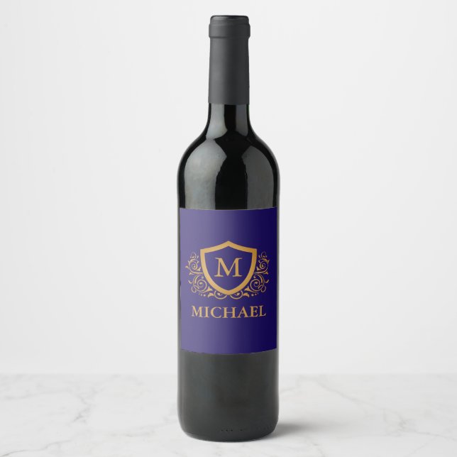 Navy Blue and Gold Personalized Monogram Name Wine Label (Front)
