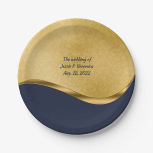 Navy Blue and Gold Personalized Wedding Paper Plate