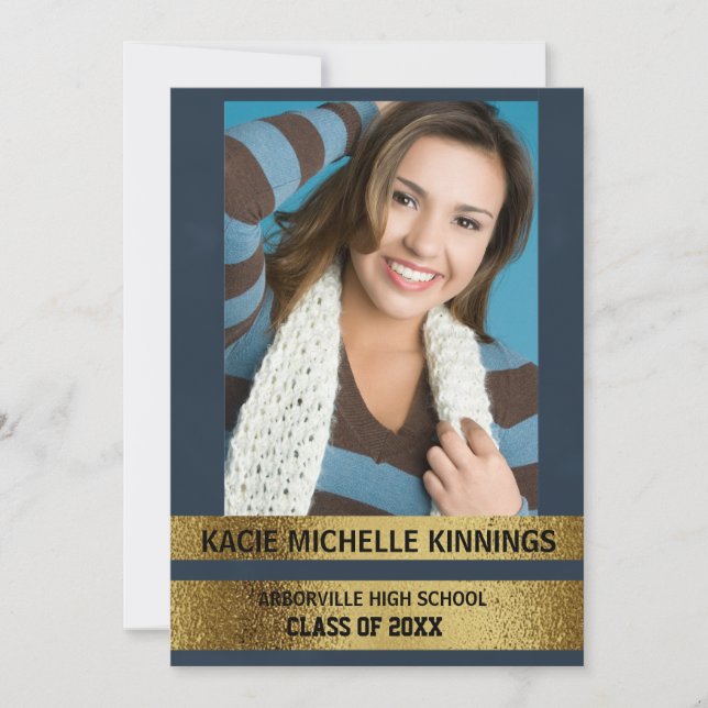 Navy Blue and Gold Photo Trunk Party Invitation (Front)