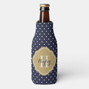 Navy Blue and Gold Polka Dots Monogram Bottle Cooler