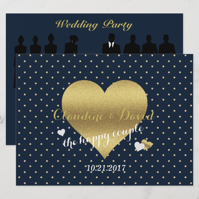 Navy Blue And Gold Polka Dots Wedding Party Invitation (Front/Back)