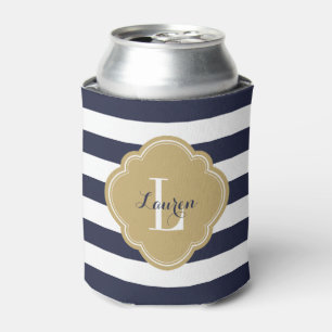 Navy Blue and Gold Preppy Stripes Monogram Can Cooler