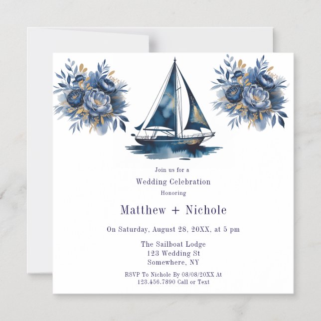 Navy Blue and Gold Sailboat Nautical Wedding Magnetic Invitation (Front)