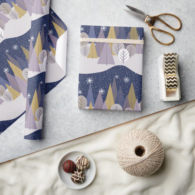 Navy Blue and Gold Scandinavian Christmas Trees Wrapping Paper (Crafts)