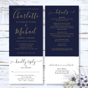 Navy Blue And Gold Script All In One Wedding Invitation