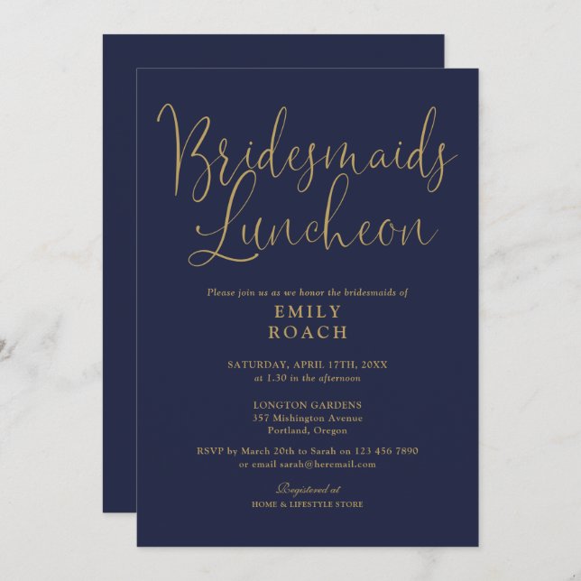 Navy Blue And Gold Script Bridesmaids Luncheon Invitation (Front/Back)