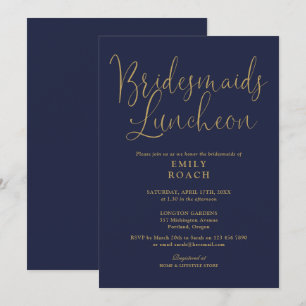 Navy Blue And Gold Script Bridesmaids Luncheon Invitation