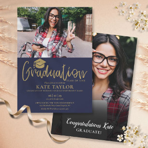 Navy Blue And Gold Script Graduation Party 2 Photo Invitation