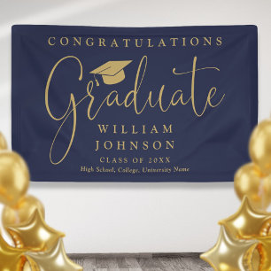 Navy Blue And Gold Script Graduation Party Banner
