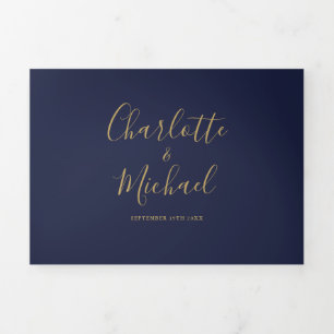 Navy Blue And Gold Script Minimalist Photo Wedding Tri-Fold Invitation
