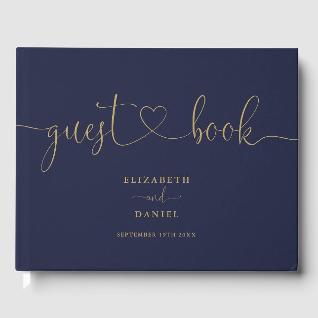 Navy Blue And Gold Script Script Wedding Guest Book (Front)