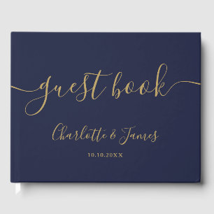 Navy Blue And Gold Signature Script Photo Wedding Guest Book