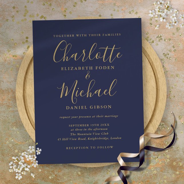 Navy Blue And Gold Signature Script Wedding Invitation Postcard (Navy Blue And Gold Signature Script Wedding Invitation Postcard)