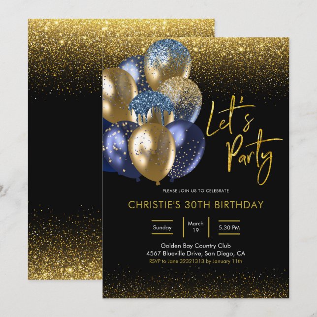 Navy Blue and Gold Sparkling Let's Party Invitatio Invitation (Front/Back)