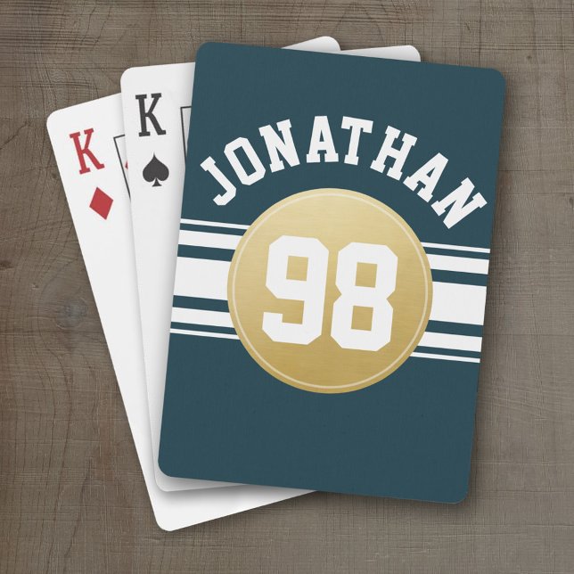 Navy Blue and Gold Sports Jersey Stripes Name Playing Cards (Personalized Playing Cards - Sports Jersey Design)