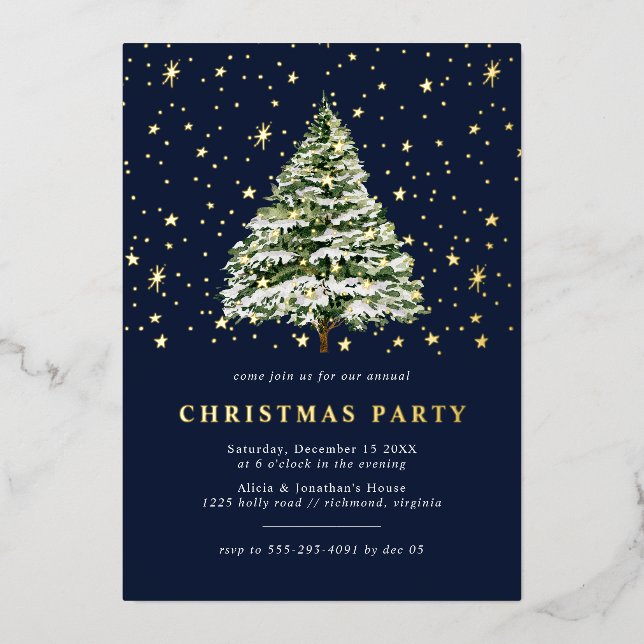 Navy Blue and Gold Stars | Modern Christmas Party (Front)