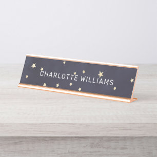 Navy blue and gold stars modern script desk name plate