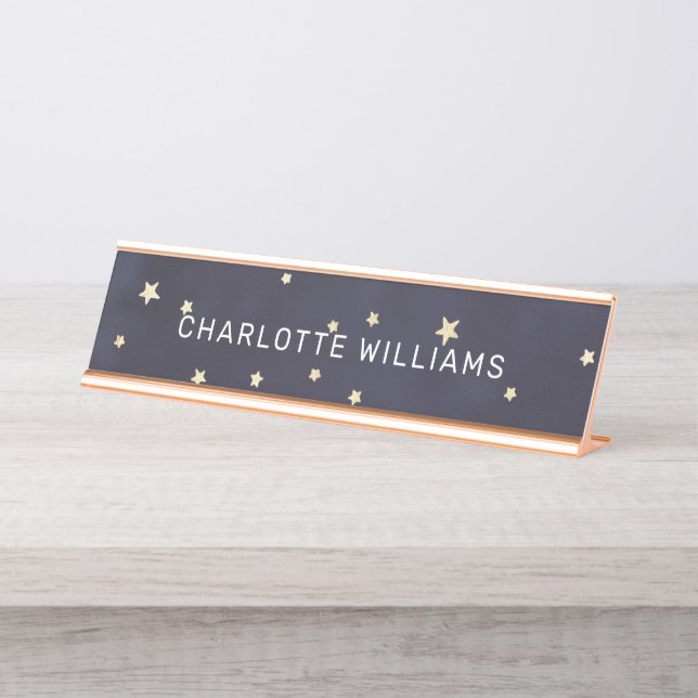 Navy blue and gold stars modern script desk name plate (Front)