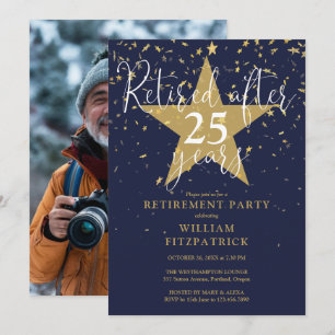 Navy Blue And Gold Stars Photo Retirement Party Invitation