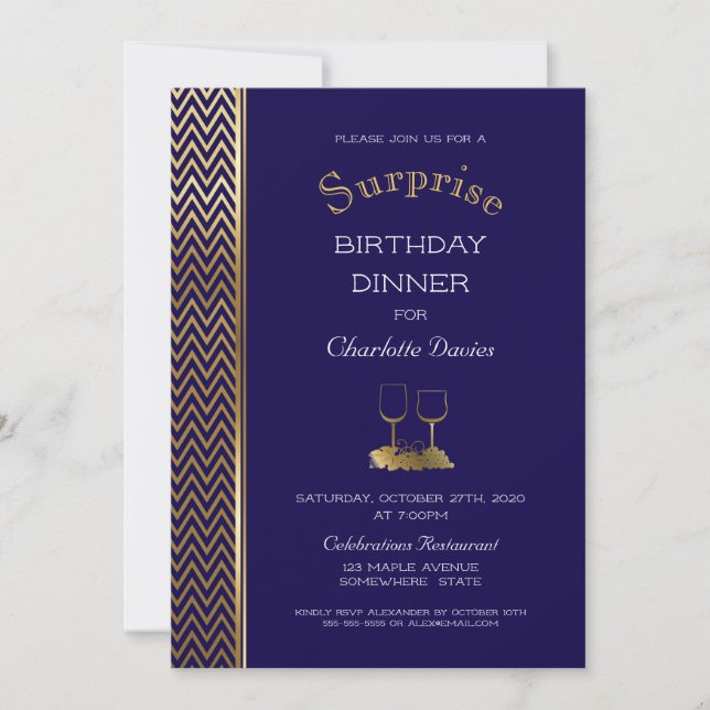 Navy Blue and Gold Surprise Birthday Dinner Invitation (Front)