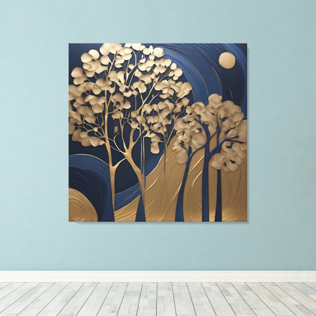 Navy Blue and Gold Tree Canvas Wall Art, Luxury  Print (Insitu(Wood Floor))