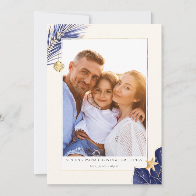 Navy Blue and Gold Tropical Greenery Photo Holiday Card (Front)