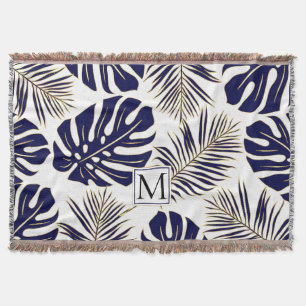 Navy blue and gold tropical leaves and monogram throw blanket