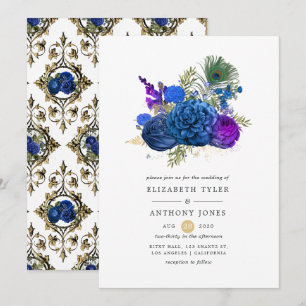 Navy Blue and Gold Vintage Peacock Floral Wedding Invitation