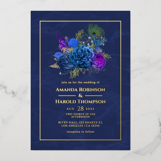 Navy Blue and Gold Vintage Peacock Wedding (Front)