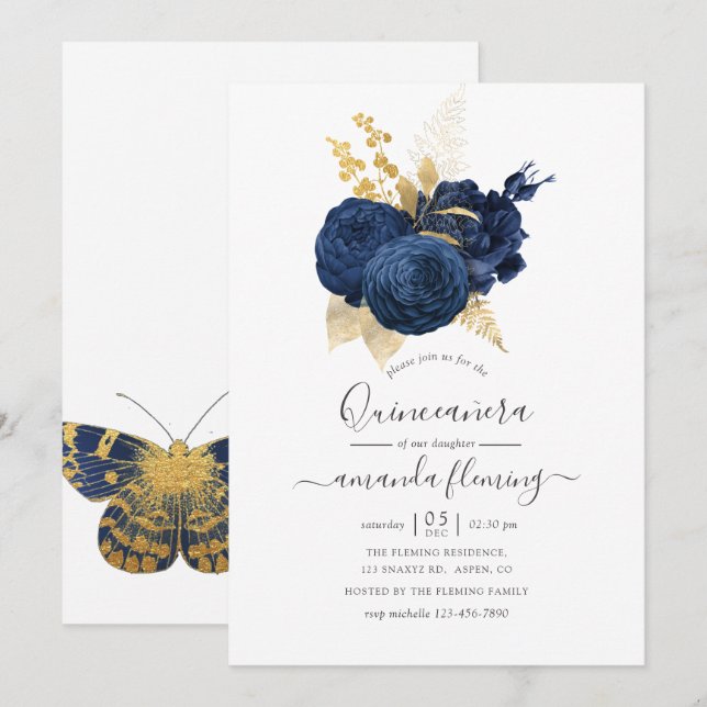 Navy Blue and Gold Vintage Rose Quinceañera Invitation (Front/Back)