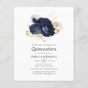Navy Blue and Gold Vintage Rose Quinceañera Invite Flyer