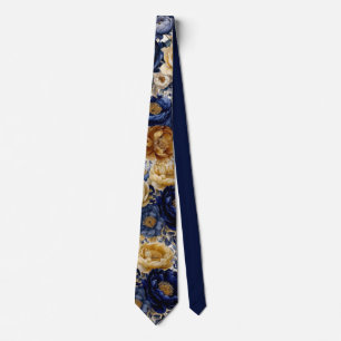 Navy Blue and Gold Watercolor Peony Wedding Groom Tie