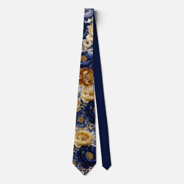 Navy Blue and Gold Watercolor Peony Wedding Groom Tie (Front)
