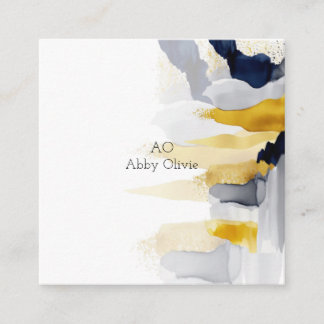 Navy blue and gold watercolor square business card