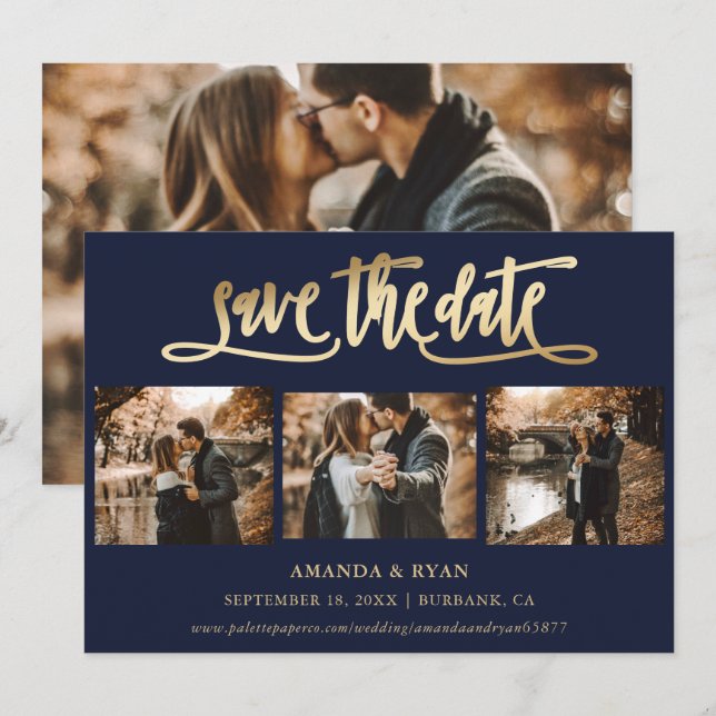 Navy Blue and Gold Wedding 4 Photo Save The Date (Front/Back)