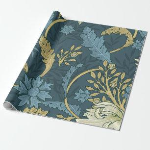 Navy Blue and Gold William Morris Style floral Wrapping Paper