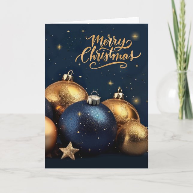 Navy Blue and Golden Ornaments Christmas Holiday Card (Front)