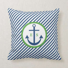 Navy Blue and Green Anchor Monogram Pillow