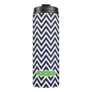 Navy Blue and Green Chevron Monogram Thermal Tumbler