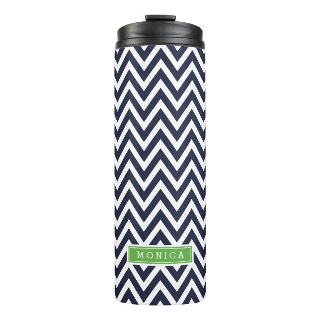 Navy Blue and Green Chevron Monogram Thermal Tumbler (Front)