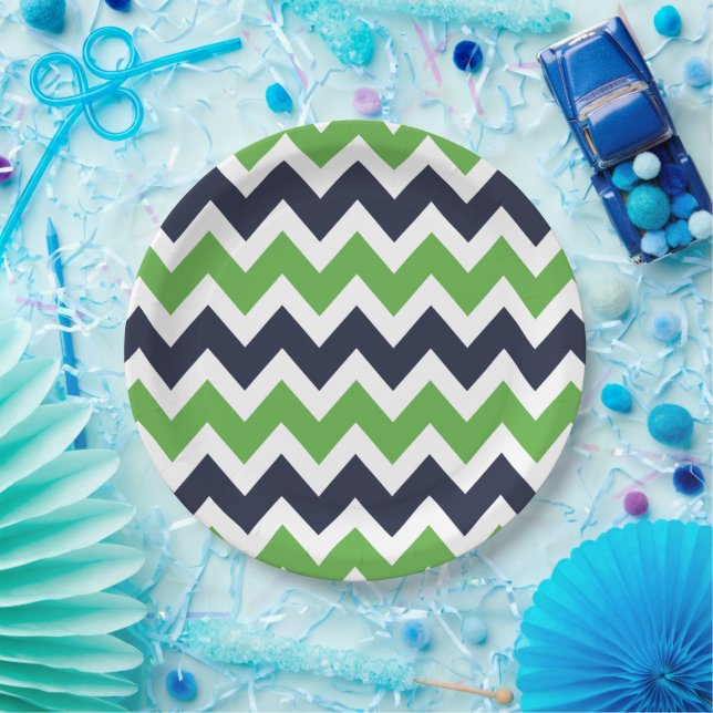 Navy Blue and Green Chevron Paper Plate (Party)