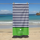 Navy Blue and Green Chic Stripes Heart Monogram Beach Towel<br><div class="desc">Stylish custom beach towel in green, navy blue and white colours. This design features a preppy classic navy and white striped pattern. Personalize it with your name monogram or other custom text with a cute heart symbol. Use the design tools to choose any background colours, edit the text fonts and...</div>