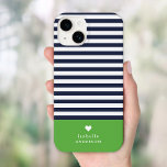 Navy Blue and Green Chic Stripes Heart Monogram Case-Mate iPhone 14 Case<br><div class="desc">Stylish custom phone case in green, navy blue and white colours. This design features a preppy classic navy and white striped pattern. Personalize it with your name monogram or other custom text with a cute heart symbol. Use the design tools to choose any background colours, edit the text fonts and...</div>